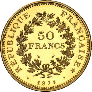 Fifth Republic (1958 to present). Piéfort 50 francs Hercule en or, Flan bruni (PROOF) 1974, Pessac.