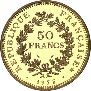 Fifth Republic (1958 to present). Piéfort 50 francs Hercule en or, Flan bruni (PROOF) 1975, Pessac.
