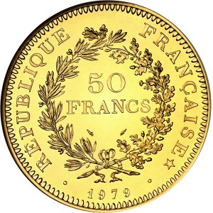 Ve République (1958 à nos jours). Piéfort de 50 francs Hercule en or, Flan bruni (PROOF) 1979, Pessac.
