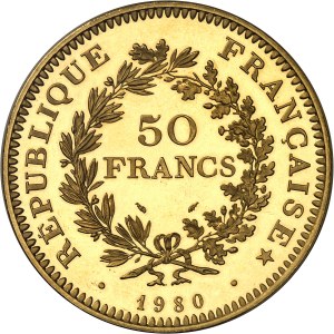 Fifth Republic (1958 to present). Piéfort 50 francs Hercule en or, Flan bruni (PROOF) 1980, Pessac.
