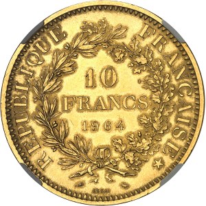 Ve République (1958 à nos jours). Essai de 10 francs Hercule sur flan en Or, Frappe spéciale (SP) 1964, Paris.