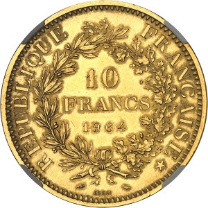 Fifth Republic (1958 to present). Trial of 10 francs Hercule on gold blank, Frappe spéciale (SP) 1964, Paris.