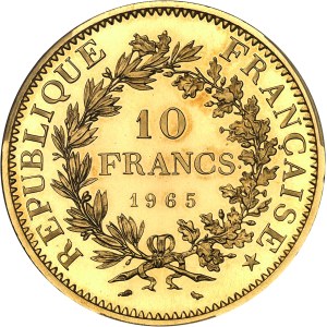 Ve République (1958 à nos jours). Piéfort de 10 francs Hercule en or, Frappe spéciale (SP) 1965, Paris.