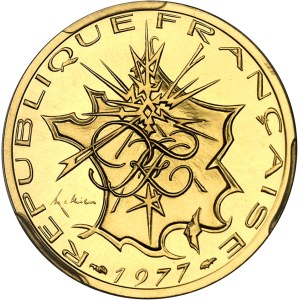 Ve République (1958 à nos jours). Piéfort de 10 francs Mathieu en or, Frappe spéciale (SP) 1977, Pessac.