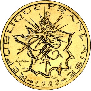 Ve République (1958 à nos jours). Piéfort de 10 francs Mathieu en or, Flan bruni (PROOF) 1982, Pessac.