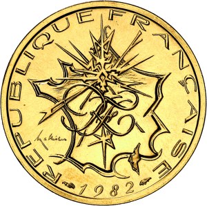 Fifth Republic (1958 to present). Piéfort 10 francs Mathieu en or, Flan bruni (PROOF) 1982, Pessac.