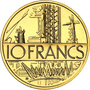Ve République (1958 à nos jours). Piéfort de 10 francs Mathieu en or, Flan bruni (PROOF) 1982, Pessac.