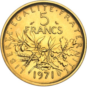 Ve République (1958 à nos jours). Piéfort de 5 francs Semeuse en or, Frappe spéciale (SP) 1971, Paris.