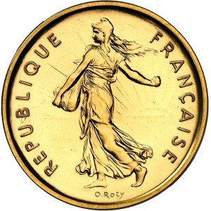 Ve République (1958 à nos jours). Piéfort de 5 francs Semeuse en or, Flan bruni (PROOF) 1971, Paris.