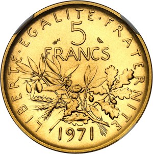 Fifth Republic (1958 to present). Piéfort 5 francs Semeuse in gold, Flan bruni (PROOF) 1971, Paris.