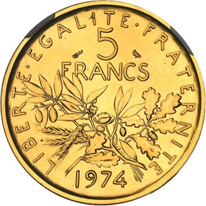 Fifth Republic (1958 to present). Piéfort 5 francs Semeuse in gold, burnished blank (PROOF) 1974, Pessac.