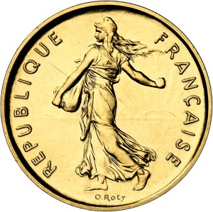 Fifth Republic (1958 to present). Piéfort 5 francs Semeuse in gold, burnished blank (PROOF) 1982, Pessac.