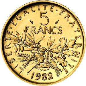 Fifth Republic (1958 to present). Piéfort 5 francs Semeuse in gold, burnished blank (PROOF) 1982, Pessac.