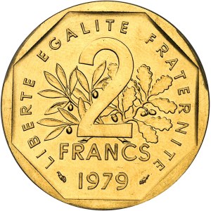 Ve République (1958 à nos jours). Piéfort de 2 francs Semeuse en Or, Frappe spéciale (SP) 1979, Pessac.