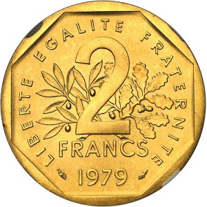 Ve République (1958 à nos jours). Piéfort de 2 francs Semeuse en Or, Flan bruni (PROOF) 1979, Pessac.
