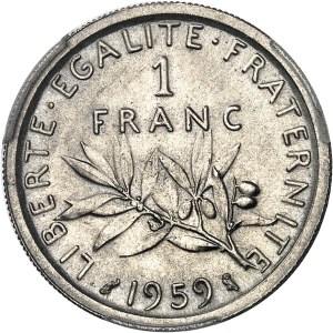 Fifth Republic (1958 to present). Pre-series of 1 franc Semeuse with wide listels, Frappe spéciale (SP) 1959, Paris.