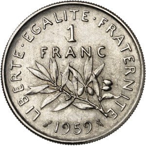 Ve République (1958 à nos jours). Essai de 1 franc Semeuse dit “en haut relief” 1959, Paris.