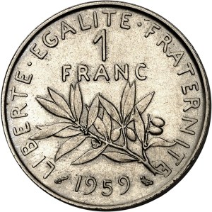 Fifth Republic (1958 to present). Test piece of 1 franc Semeuse, Frappe spéciale (SP) 1959, Paris.