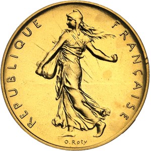 Ve République (1958 à nos jours). Piéfort de 1 franc Semeuse en Or, Flan bruni (PROOF) 1974, Pessac.