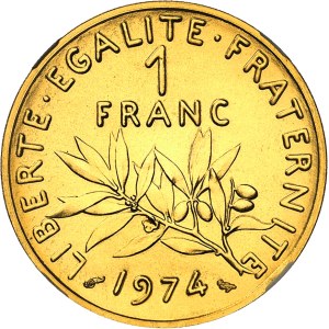 Ve République (1958 à nos jours). Piéfort de 1 franc Semeuse en Or, Flan bruni (PROOF) 1974, Pessac.
