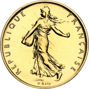 Ve République (1958 à nos jours). Piéfort de 1 franc Semeuse en Or, Flan bruni (PROOF) 1977, Pessac.