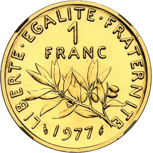 Ve République (1958 à nos jours). Piéfort de 1 franc Semeuse en Or, Flan bruni (PROOF) 1977, Pessac.