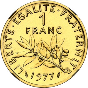 Fifth Republic (1958 to present). Piéfort de 1 franc Semeuse en Or, Flan bruni (PROOF) 1977, Pessac.