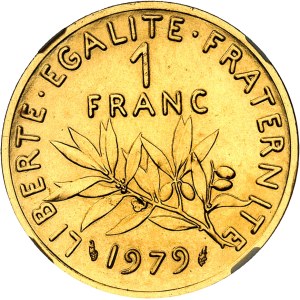 Ve République (1958 à nos jours). Piéfort de 1 franc Semeuse en Or, Flan bruni (PROOF) 1979, Pessac.