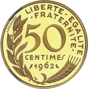 Ve République (1958 à nos jours). Piéfort de 50 centimes Marianne en or, Flan bruni (PROOF) 1962, Paris.