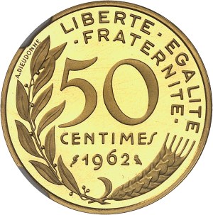 Fifth Republic (1958 to present). 50-centime Marianne coin in gold, burnished blank (PROOF) 1962, Paris.