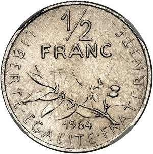 Fifth Republic (1958 to present). Preseries of 1/2 franc Semeuse, small denomination (19.5 mm), undifferentiated 1964, Paris.