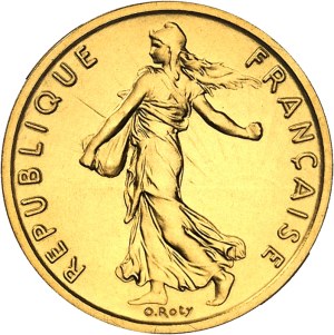 Fifth Republic (1958 to present). 1/2 franc Piéfort Semeuse in gold, burnished blank (PROOF) 1974, Pessac.