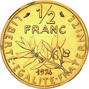 Fifth Republic (1958 to present). 1/2 franc Piéfort Semeuse in gold, burnished blank (PROOF) 1974, Pessac.