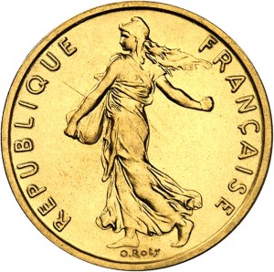 Fifth Republic (1958 to present). 1/2 franc Piéfort Semeuse in gold, burnished blank (PROOF) 1975, Pessac.