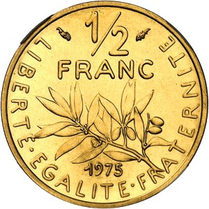 Fifth Republic (1958 to present). 1/2 franc Piéfort Semeuse in gold, burnished blank (PROOF) 1975, Pessac.