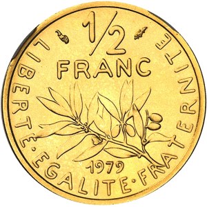 Ve République (1958 à nos jours). Piéfort de 1/2 franc Semeuse en or, Flan bruni (PROOF) 1979, Pessac.