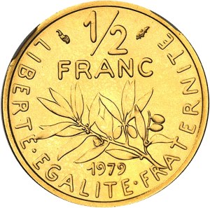 Fifth Republic (1958 to present). Piéfort de 1/2 franc Semeuse en or, Flan bruni (PROOF) 1979, Pessac.
