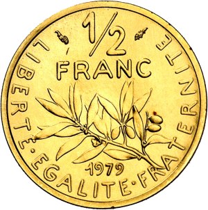 Fifth Republic (1958 to present). Piéfort de 1/2 franc Semeuse en or, Flan bruni (PROOF) 1979, Pessac.
