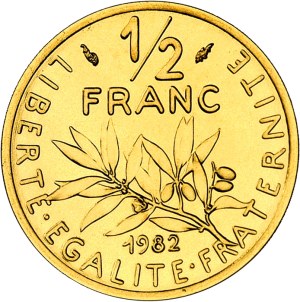 Fifth Republic (1958 to present). 1/2 franc Piéfort Semeuse in gold, burnished blank (PROOF) 1982, Pessac.