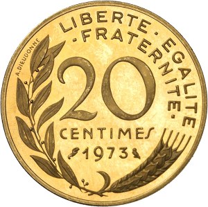 Fifth Republic (1958 to present). 20-centime Marianne coin in gold, burnished blank (PROOF) 1973, Paris.