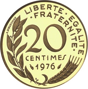 Fifth Republic (1958 to present). 20-centime Marianne coin in gold, burnished blank (PROOF) 1976, Pessac.