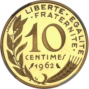 Ve République (1958 à nos jours). Piéfort de 10 centimes Marianne en or, Flan bruni (PROOF) 1962, Paris.