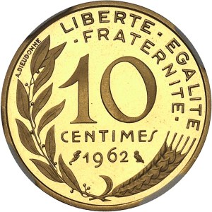 Fifth Republic (1958 to present). 10-centime Marianne coin in gold, burnished blank (PROOF) 1962, Paris.