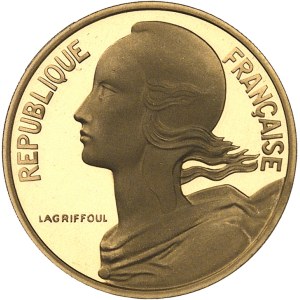 Ve République (1958 à nos jours). Piéfort de 10 centimes Marianne en or, Flan bruni (PROOF) 1971, Paris.