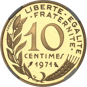 Ve République (1958 à nos jours). Piéfort de 10 centimes Marianne en or, Flan bruni (PROOF) 1971, Paris.
