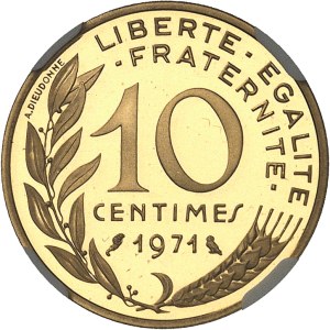 Fifth Republic (1958 to present). 10-centime Marianne coin in gold, burnished blank (PROOF) 1971, Paris.