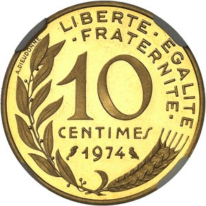 Fifth Republic (1958 to present). 10-centime Marianne coin in gold, burnished blank (PROOF) 1974, Pessac.