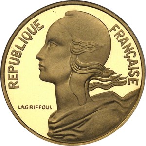 Ve République (1958 à nos jours). Piéfort de 10 centimes Marianne en or, Flan bruni (PROOF) 1976, Pessac.