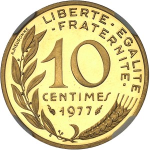 Ve République (1958 à nos jours). Piéfort de 10 centimes Marianne en or, Flan bruni (PROOF) 1977, Pessac.