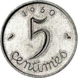 Ve République (1958 à nos jours). Présérie de 5 centimes Épi petit module (prototype) 1960, Paris.